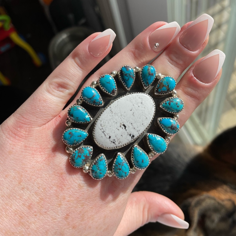 M&S stamped genuine turquoise and white buffalo sterling silver flower ring